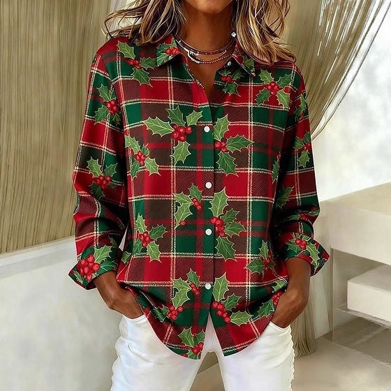 Plaid Colorblock Greta  Long Sleeve Blouse