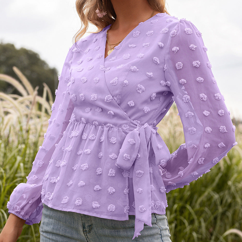 Elegant Jacquard V-Neck Blouse by Greta 