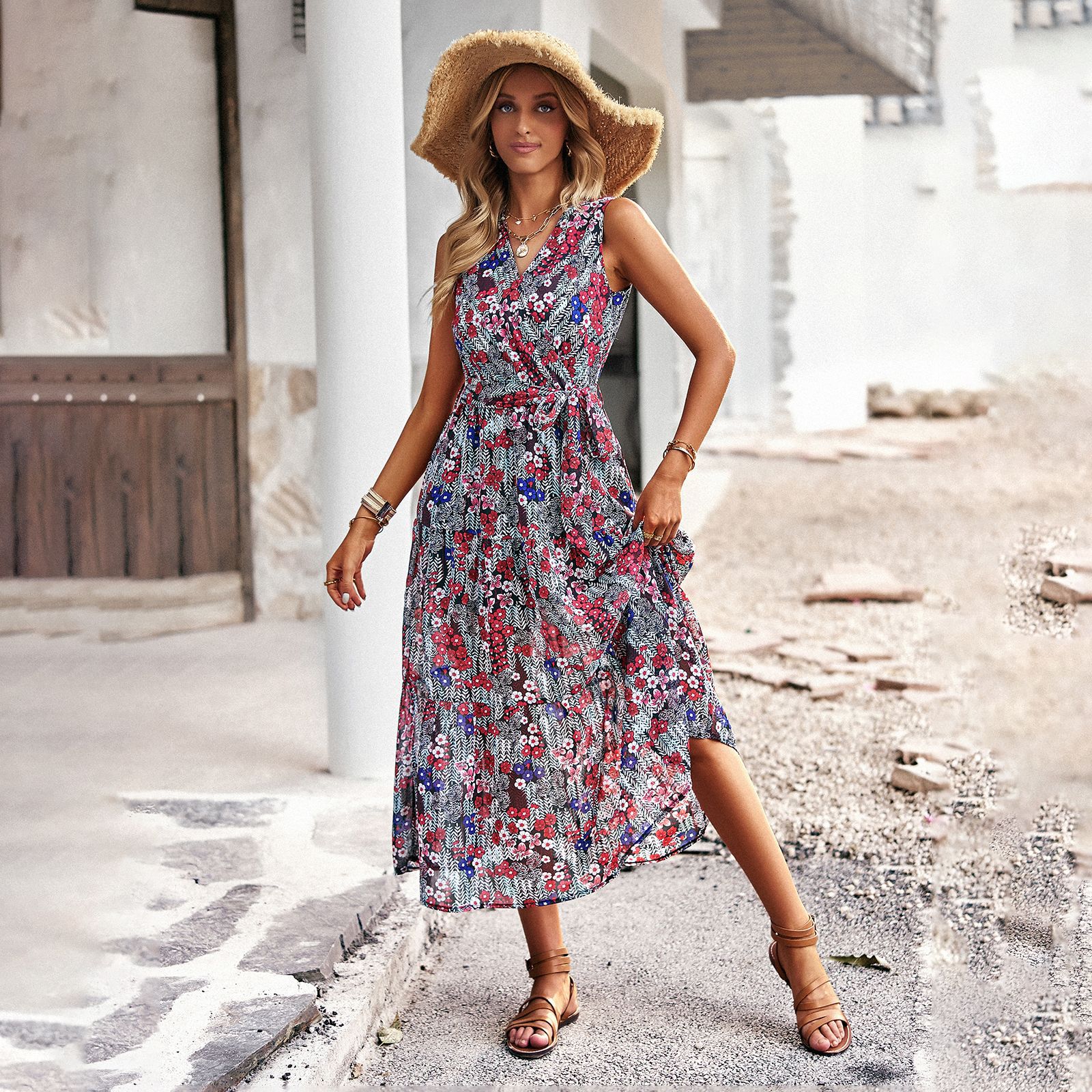 Chic Floral Greta  Vacation Midi Dress