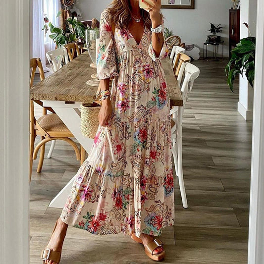 Boho Floral Greta  V-Neck Maxi Dress