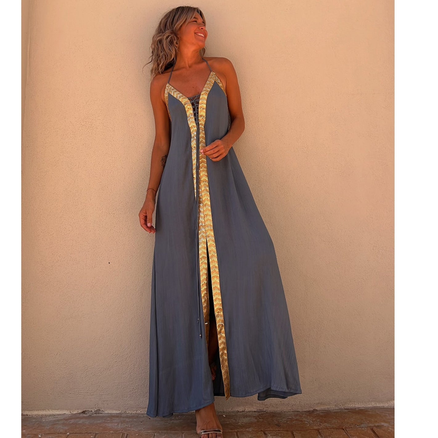 Elegant Lace-Up Halterneck Dress by Greta 