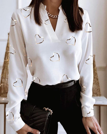 Printed V-Neck Long Sleeve Shirt by Greta 