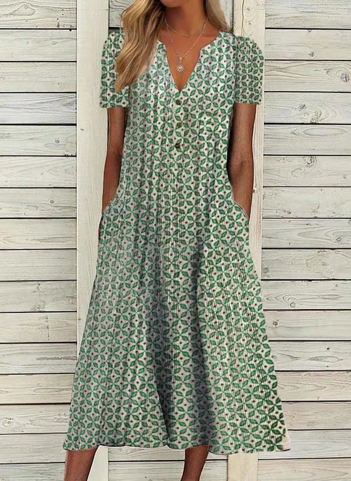 Printed V-Neck Maxi Dress by Greta 