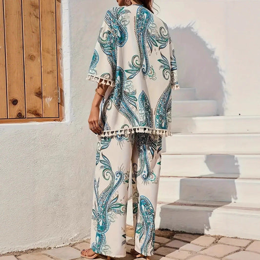 Chic Printed Greta  Cardigan Pants Set