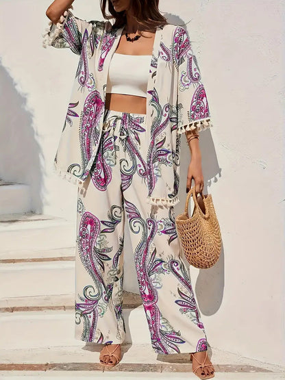 Chic Printed Greta  Cardigan Pants Set