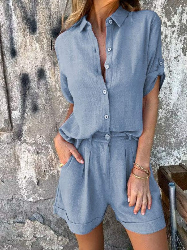 Chic Linen Blend Greta  Mid-Sleeve Shirt Set
