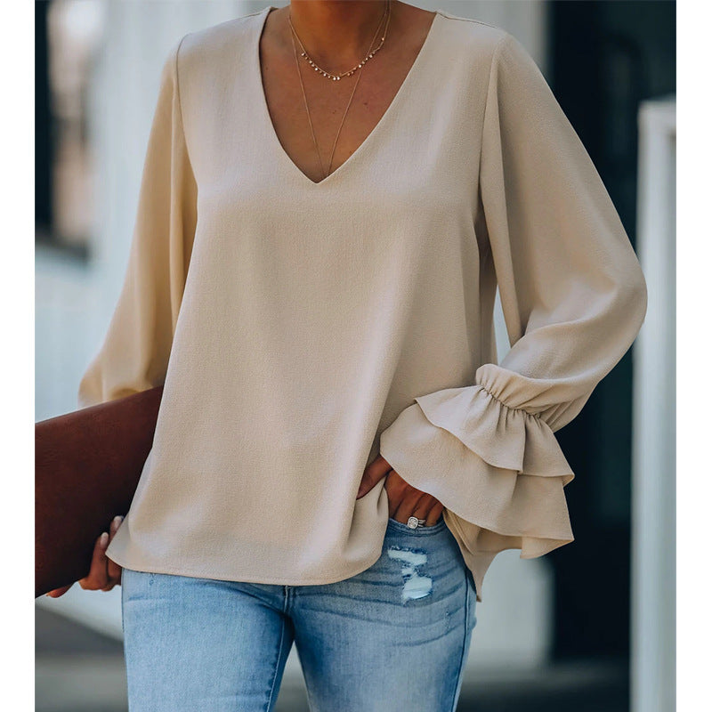 Elegant V-Neck Ruffle Sleeve Top by Greta 