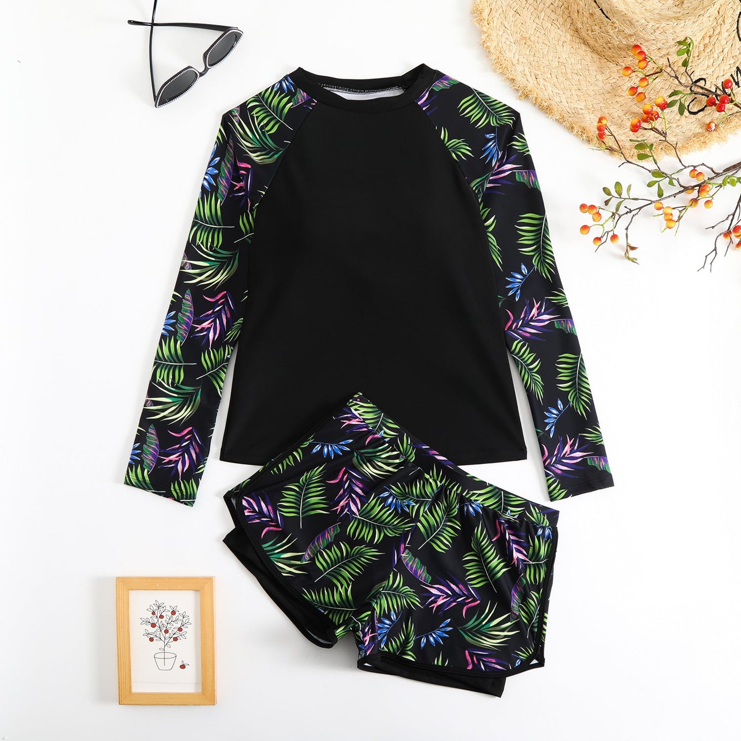 Leaf Print Greta  Long Sleeve Tankini Set