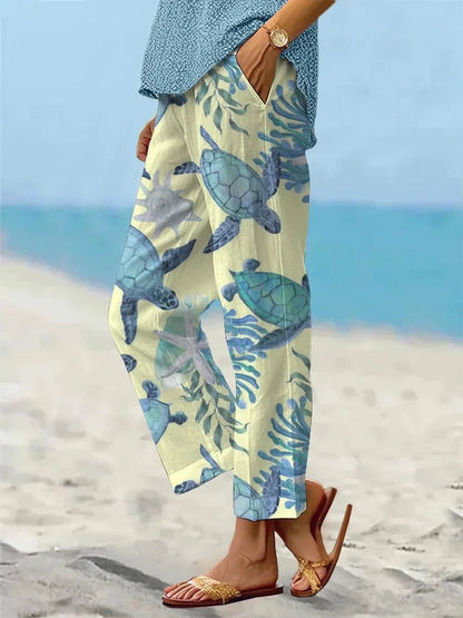 Sea Turtle Print Greta  Cropped Pants