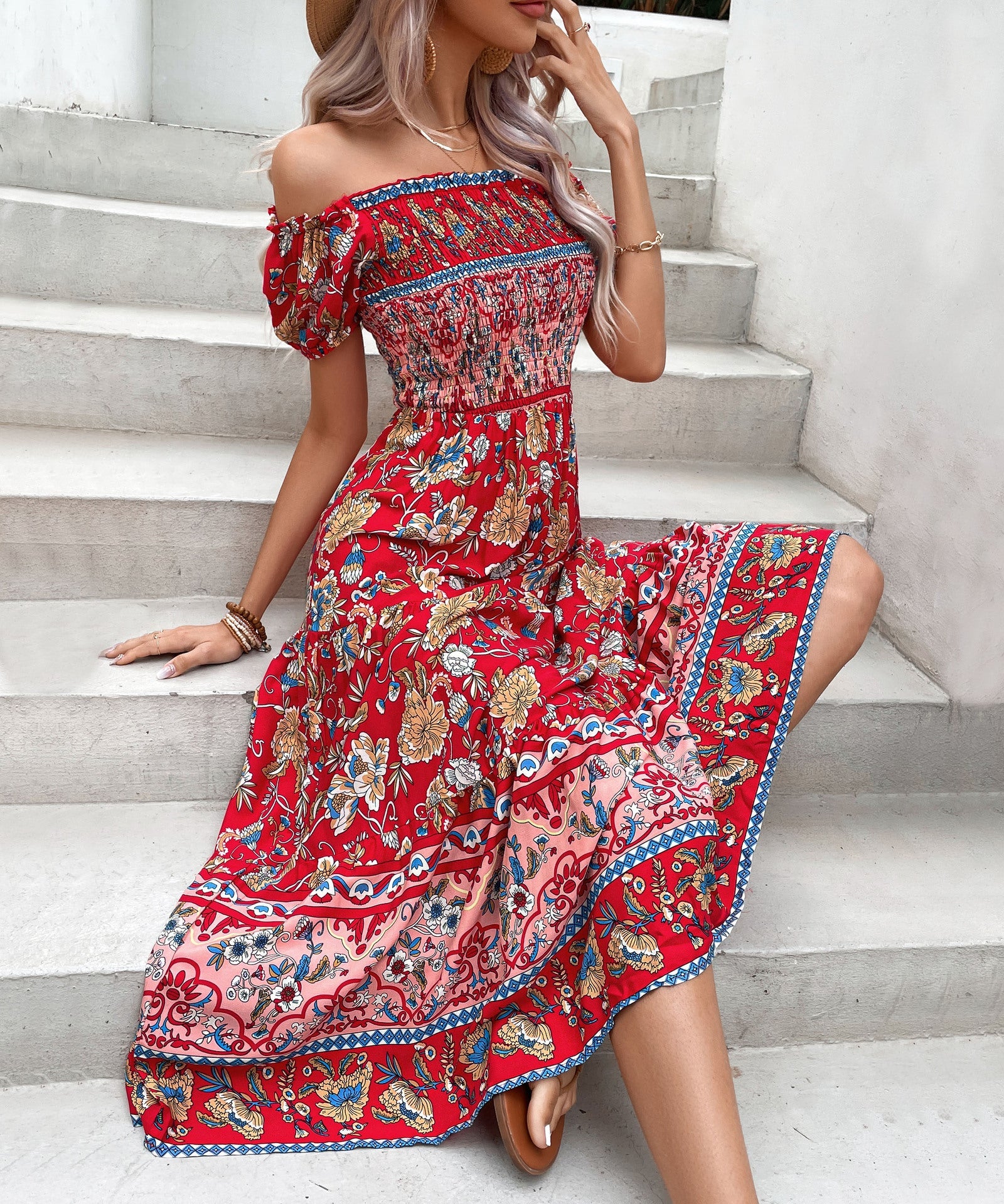 Boho Floral Greta  Off-Shoulder Midi Dress