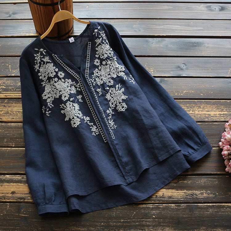 Vintage Embroidered Linen V-Neck Top by Greta 