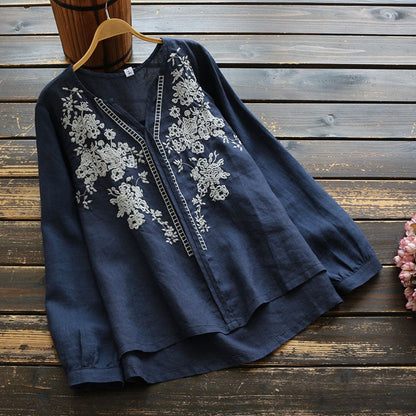 Vintage Embroidered Linen V-Neck Top by Greta 