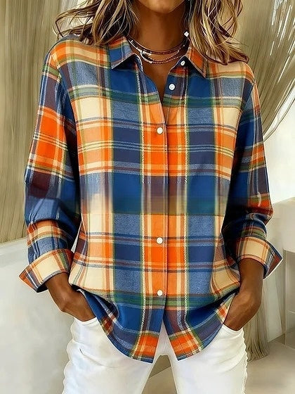 Plaid Colorblock Greta  Long Sleeve Blouse