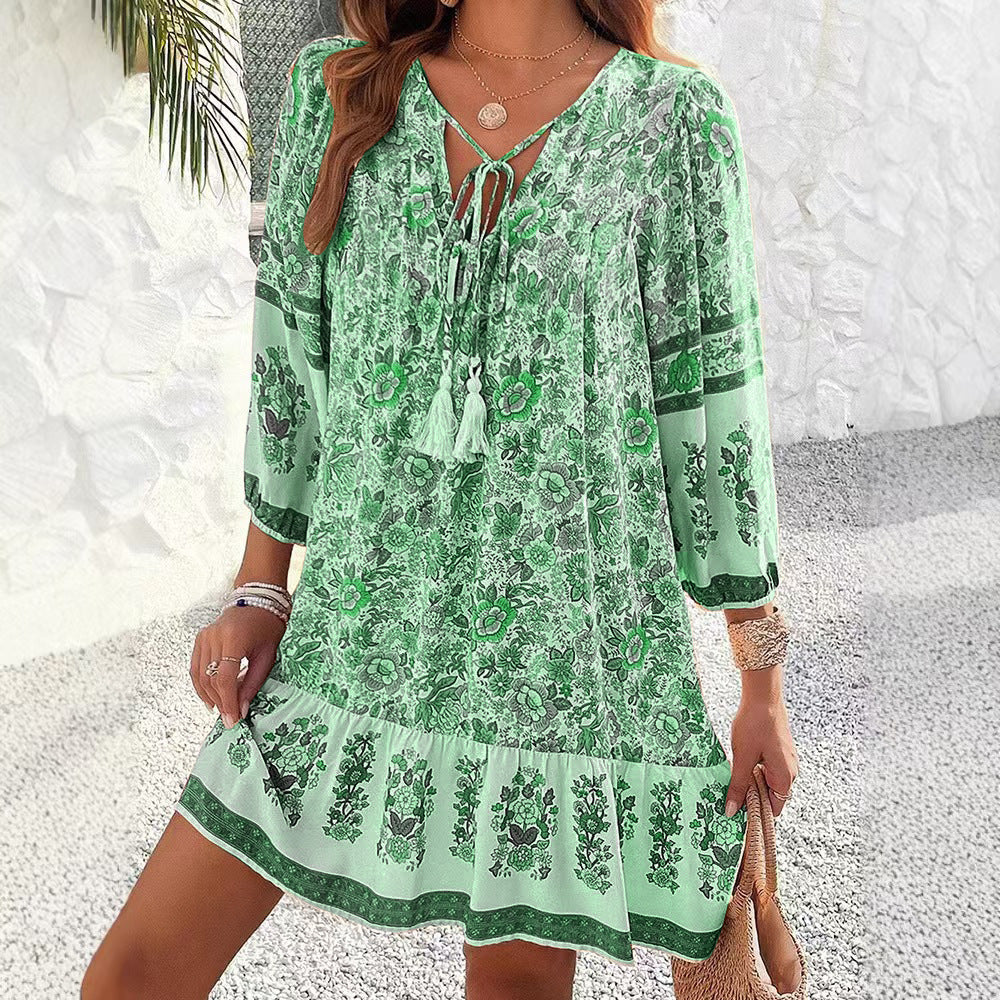 Bohemian Floral Greta  V-Neck Midi Dress