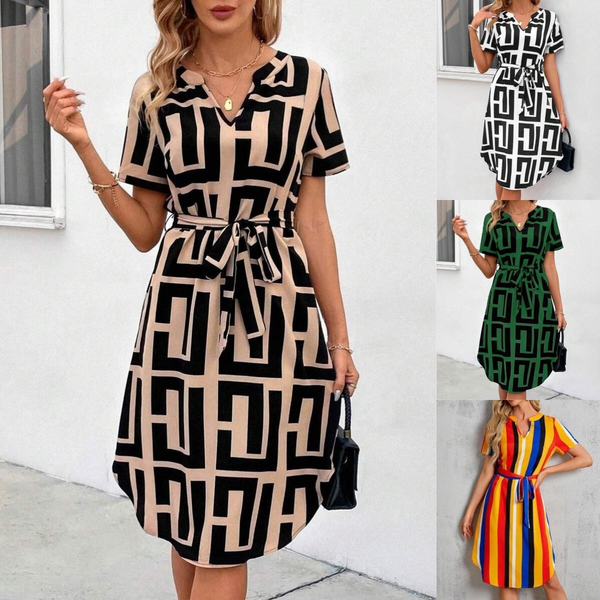 Chic Striped Greta  V-Neck Midi Dress