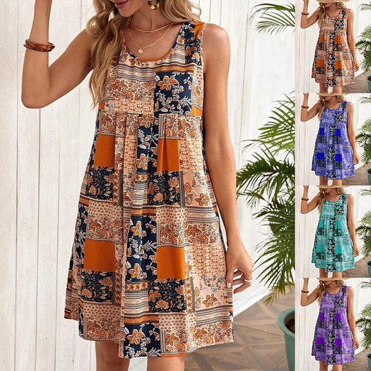 Printed A-Line Sleeveless Dress by Greta 