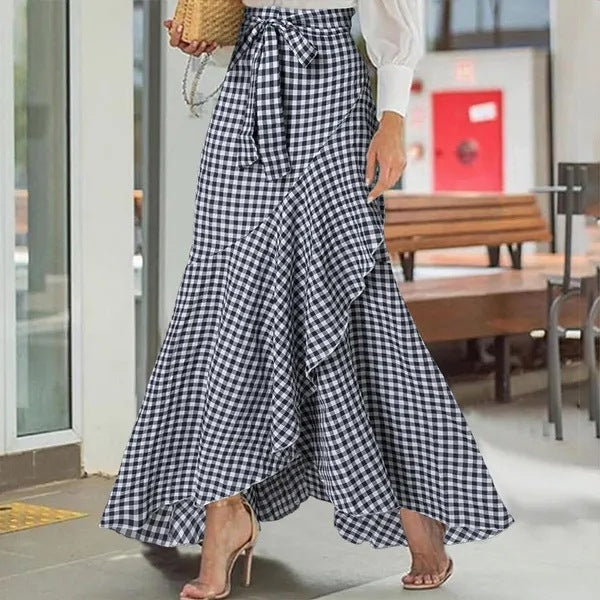 Plaid Ruffle Maxi Skirt by Greta 