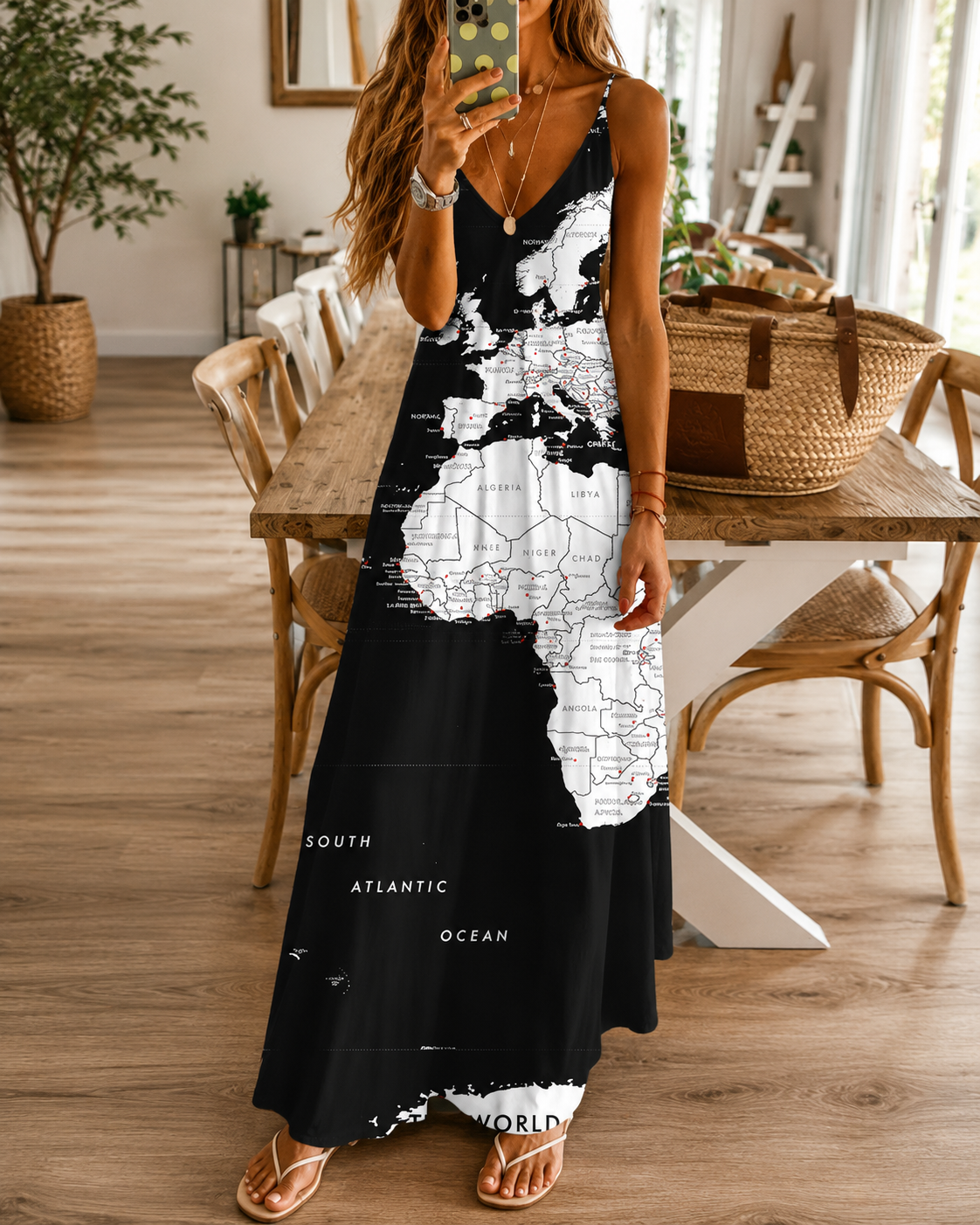 Chique Greta maxi-jurk met hoge taille en kaartprint