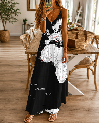 Chique Greta maxi-jurk met hoge taille en kaartprint