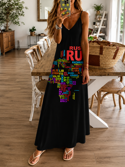 Chique Greta maxi-jurk met hoge taille en kaartprint