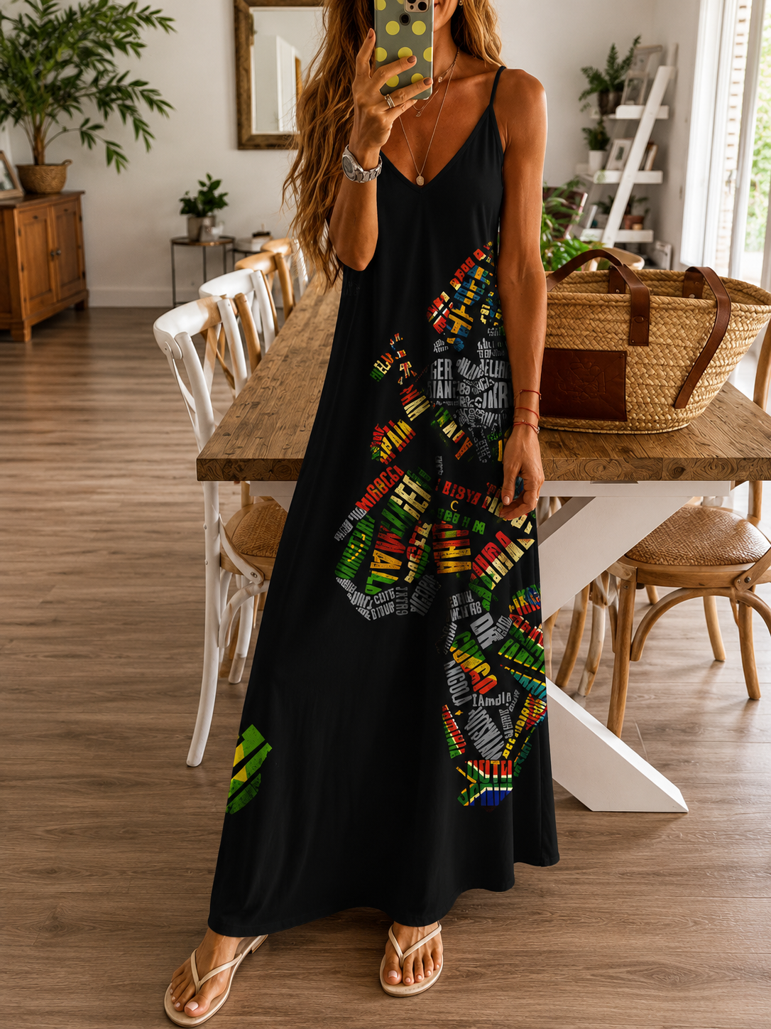 Chique Greta maxi-jurk met hoge taille en kaartprint