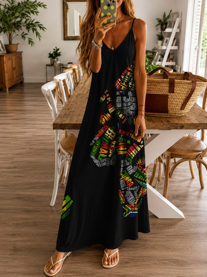 Chique Greta maxi-jurk met hoge taille en kaartprint