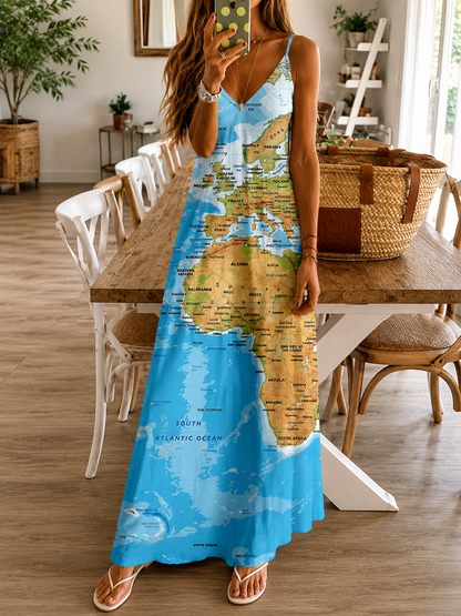 Chique Greta maxi-jurk met hoge taille en kaartprint