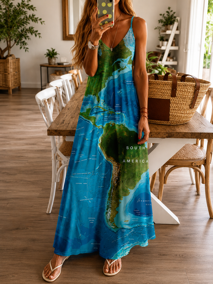 Chique Greta maxi-jurk met hoge taille en kaartprint