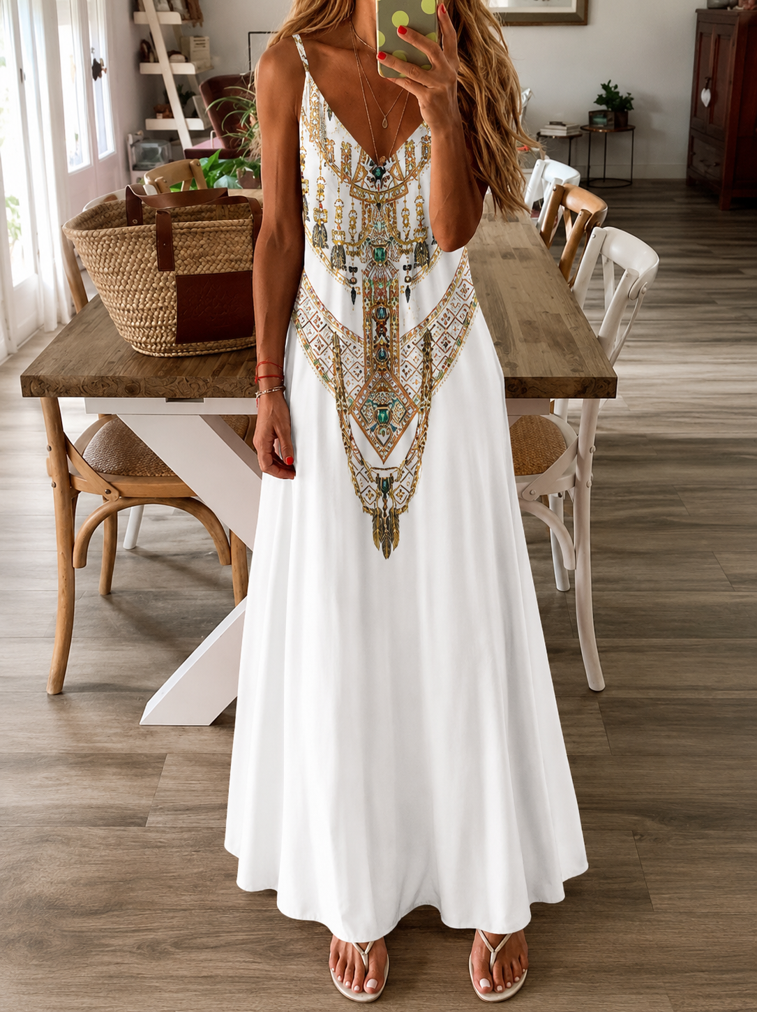 Chique Greta maxi-jurk met hoge taille en kaartprint