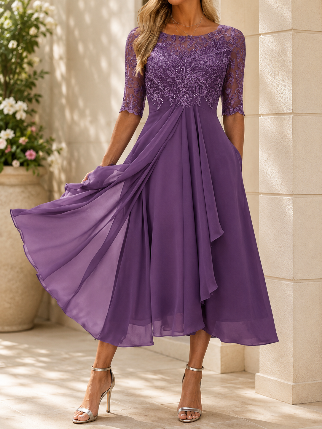 Elegante Greta kanten midi-avondjurk