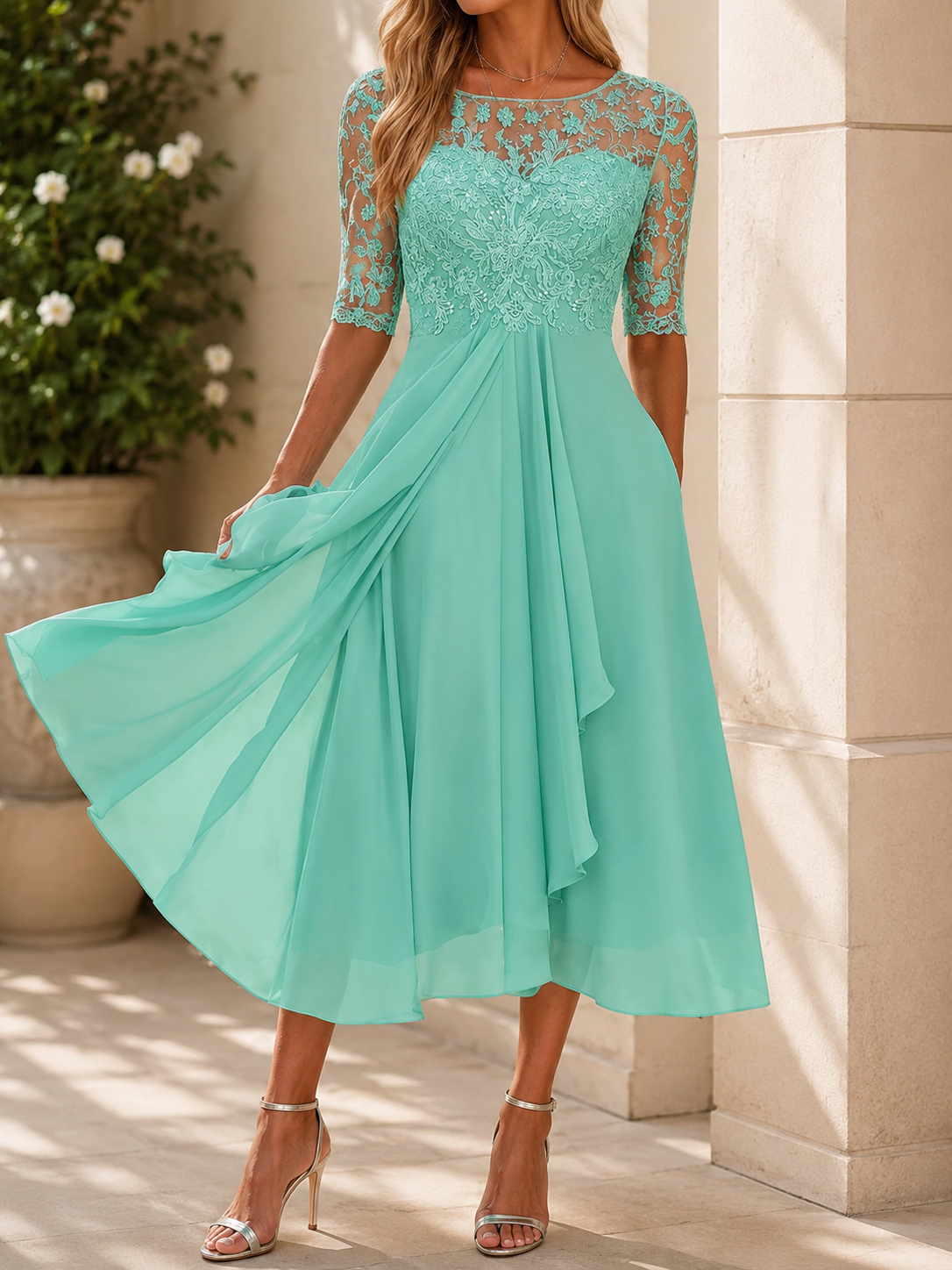 Elegante Greta kanten midi-avondjurk