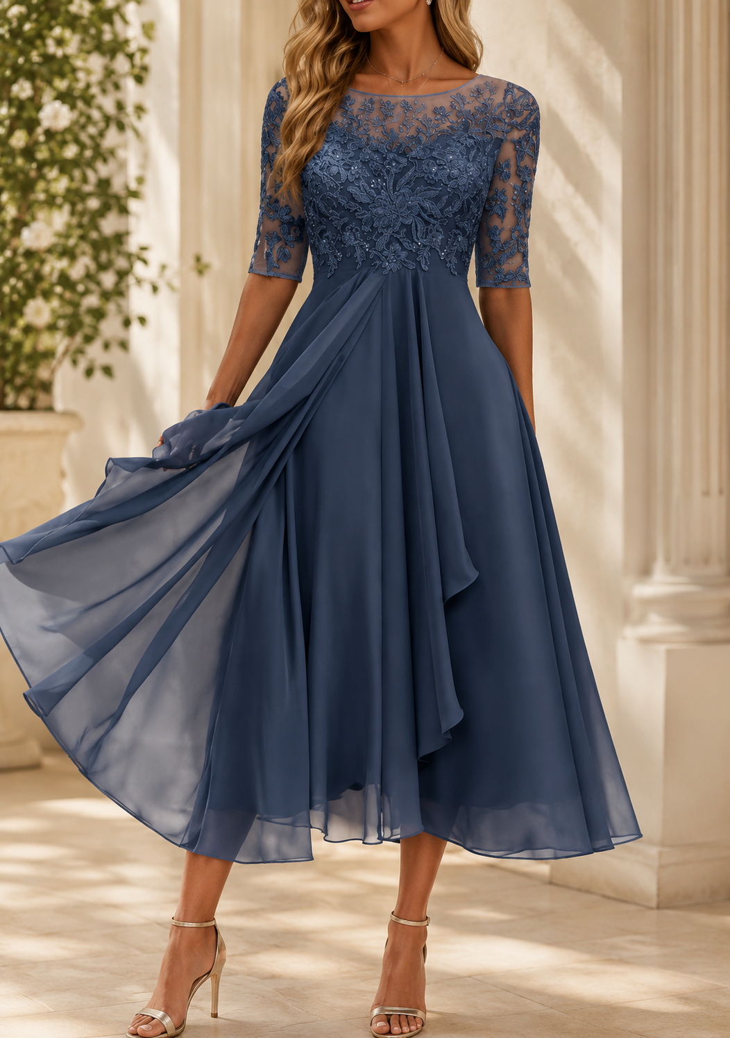 Elegante Greta kanten midi-avondjurk