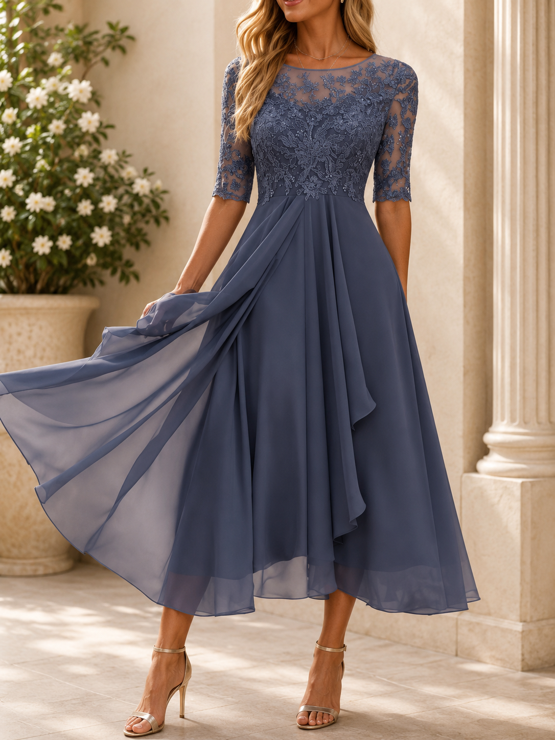 Elegante Greta kanten midi-avondjurk