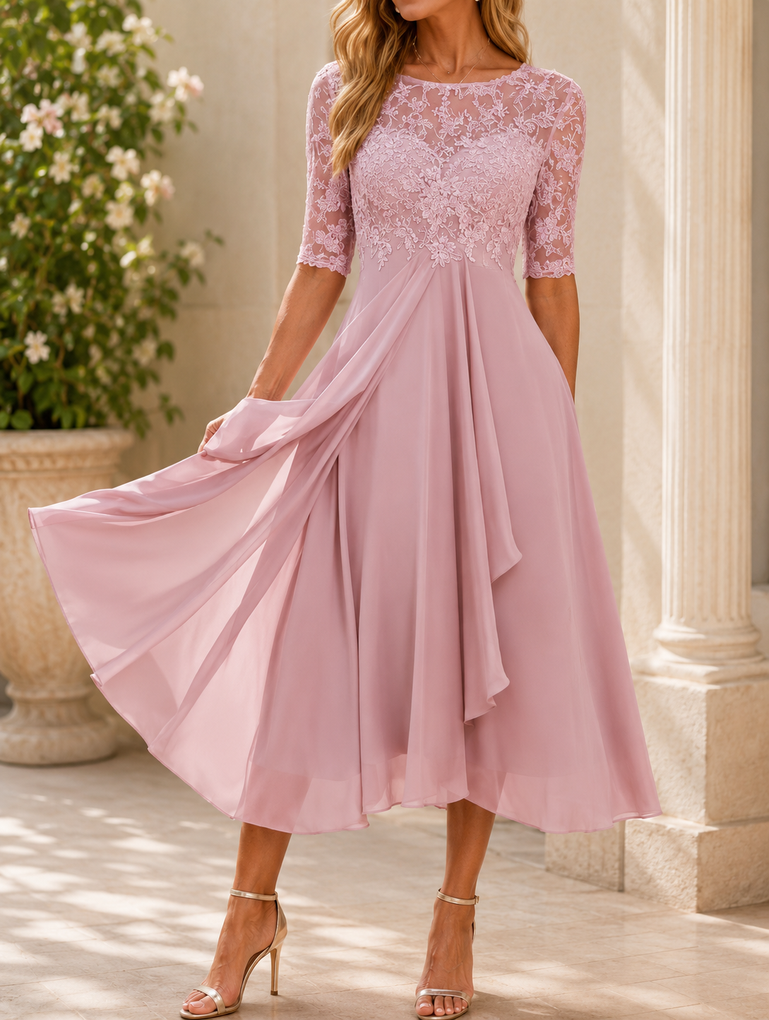 Elegante Greta kanten midi-avondjurk