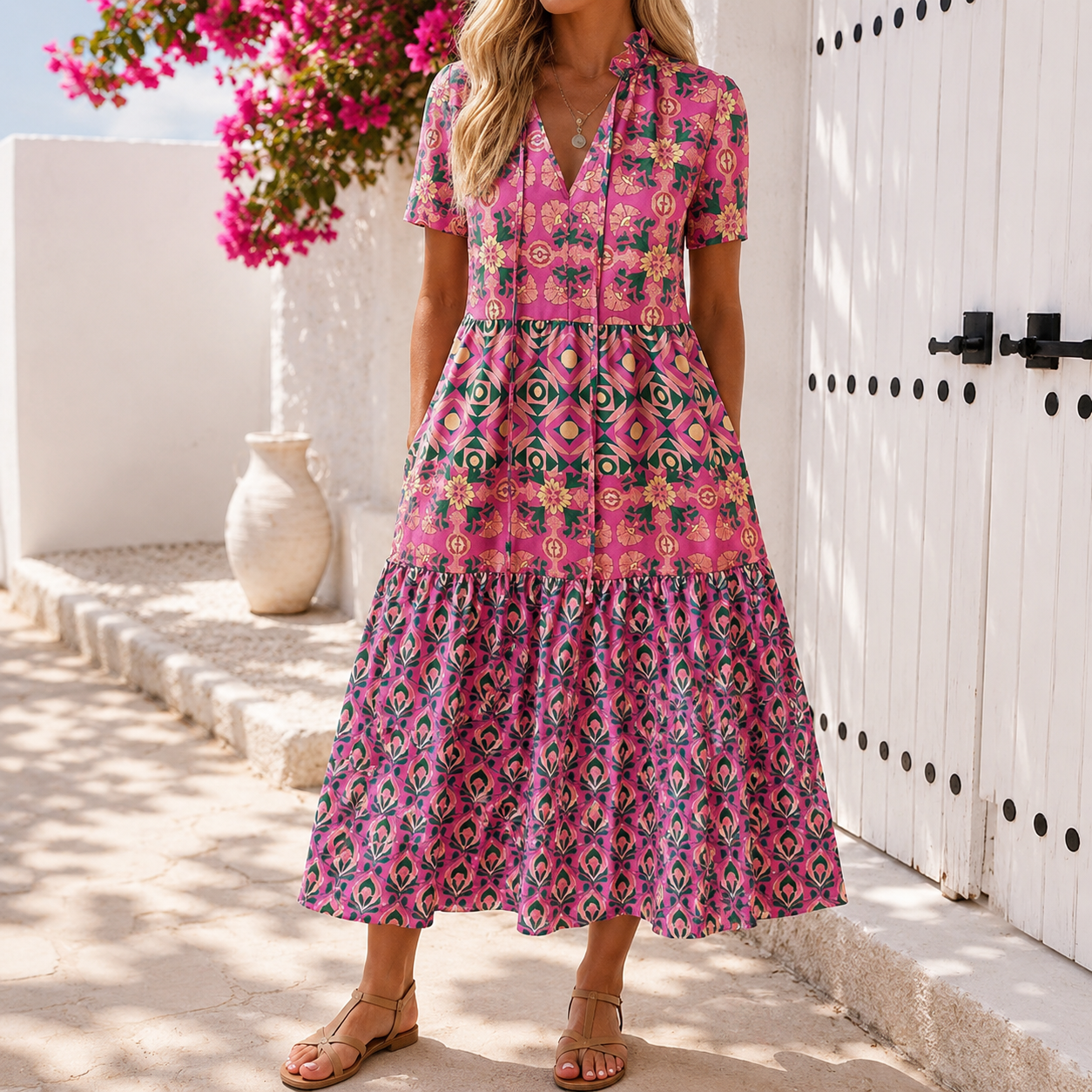 Levendige Greta zomer midi-jurk met print