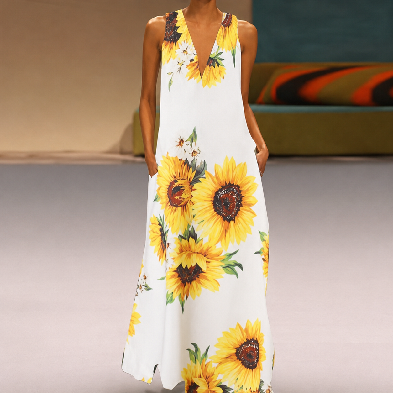 Boho bloemenprint Greta mouwloze maxi-jurk