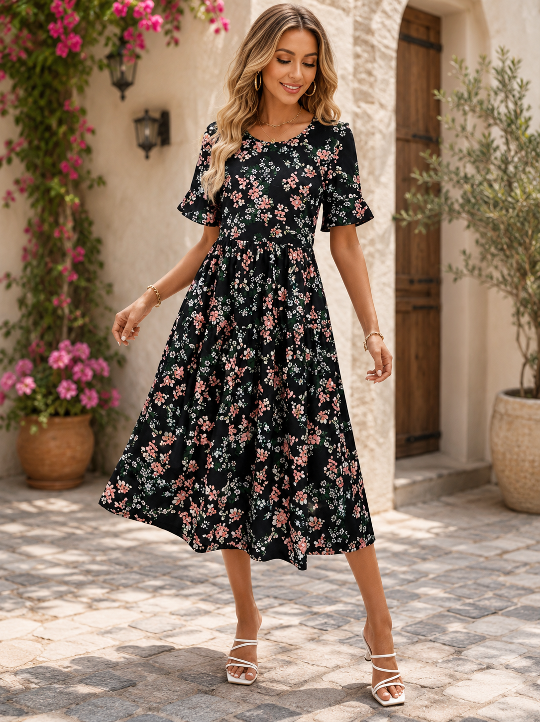 Bloemenprint midi Greta zomerjurk