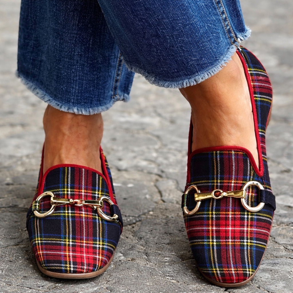 Plaid Flat Square-Toe Shoes by Greta 