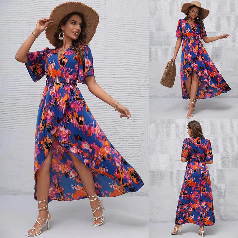 Vibrant Asymmetric V-Neck Dress by Greta 