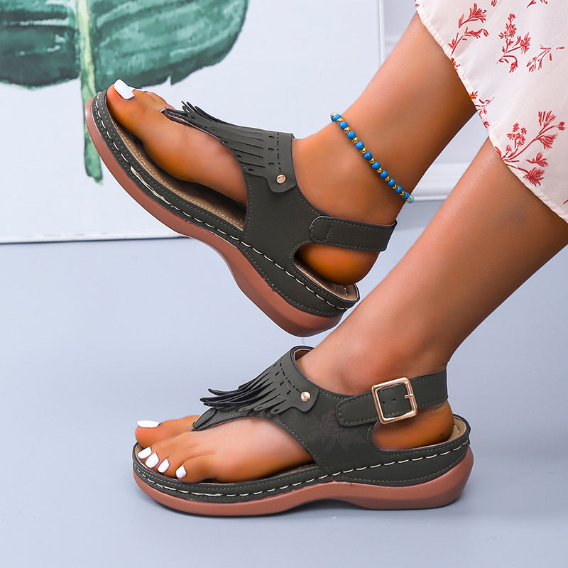 Boho Fringe Greta  Wedge Thong Sandals