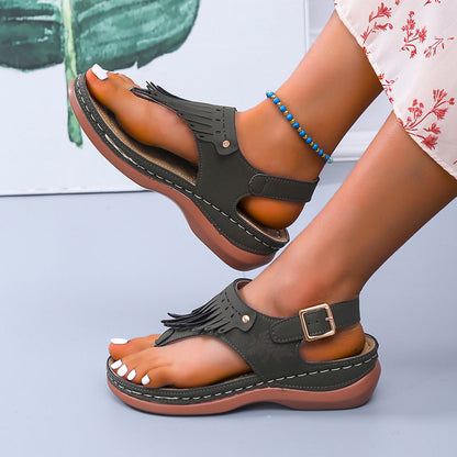 Boho Fringe Greta  Wedge Thong Sandals