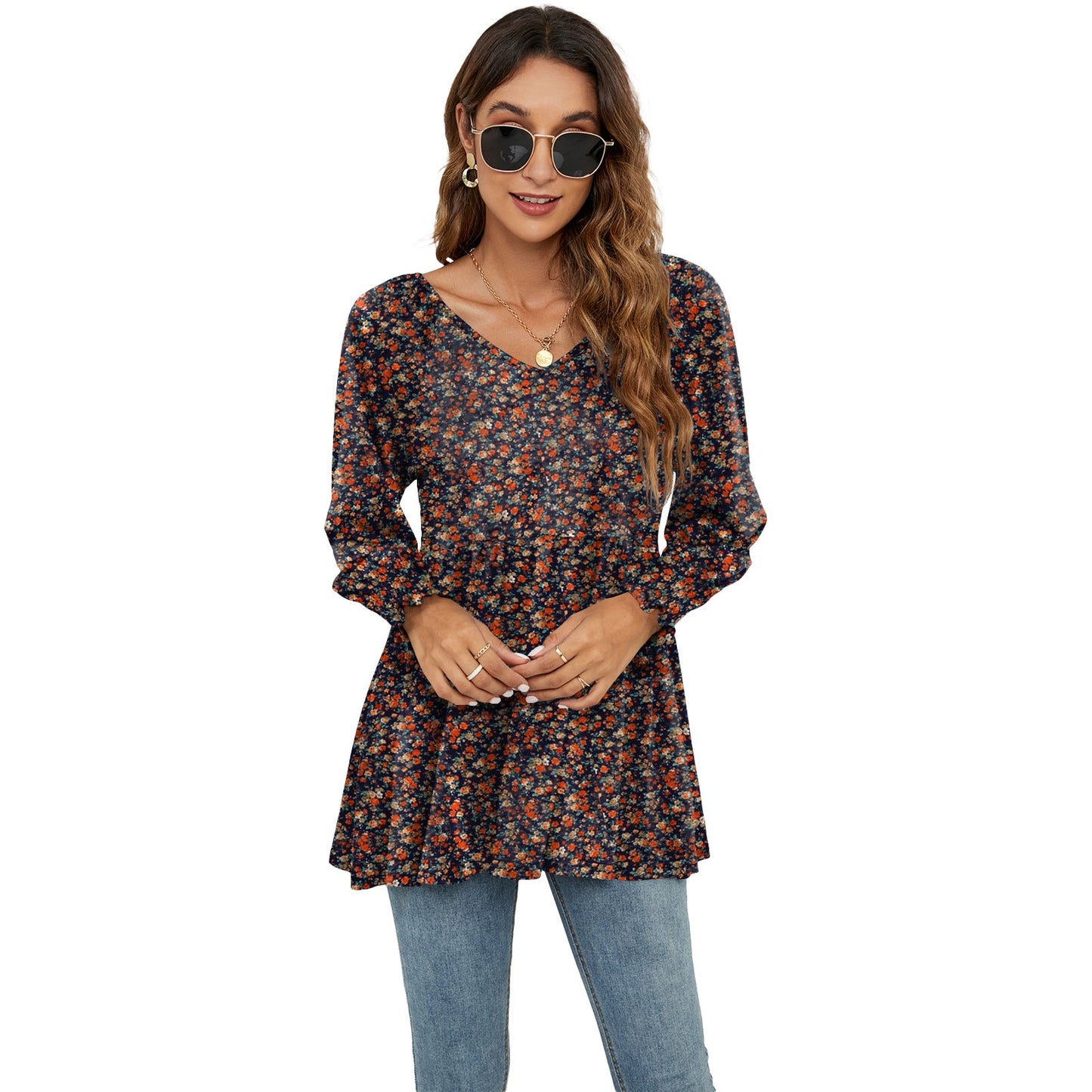 Floral Puff Sleeve V-Neck Top by Greta 