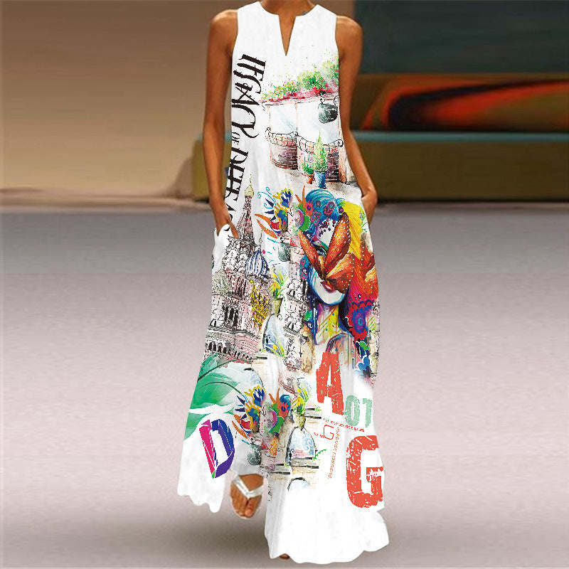 Retro Print V-Neck Maxi Dress by Greta 