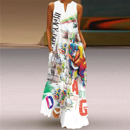 Retro Print V-Neck Maxi Dress by Greta 
