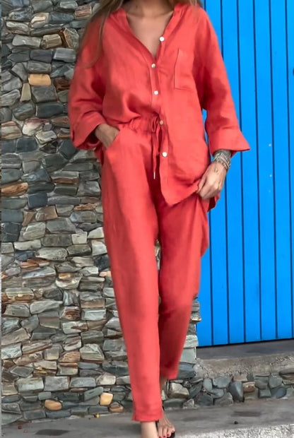 Chic Cotton Linen Set Greta  High Waist Trousers
