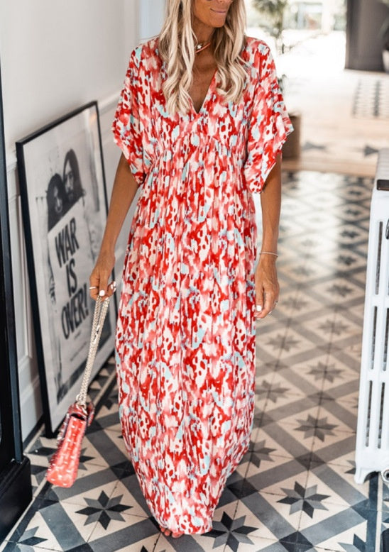 Vibrant Printed V-Neck Maxi Dress by Greta 