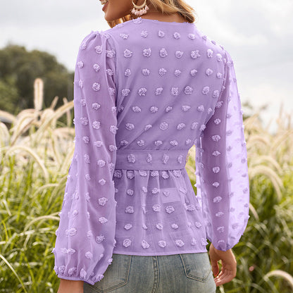 Elegant Jacquard V-Neck Blouse by Greta 