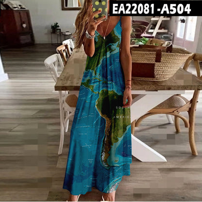 Chic Map Print Greta  High Waist Maxi Dress
