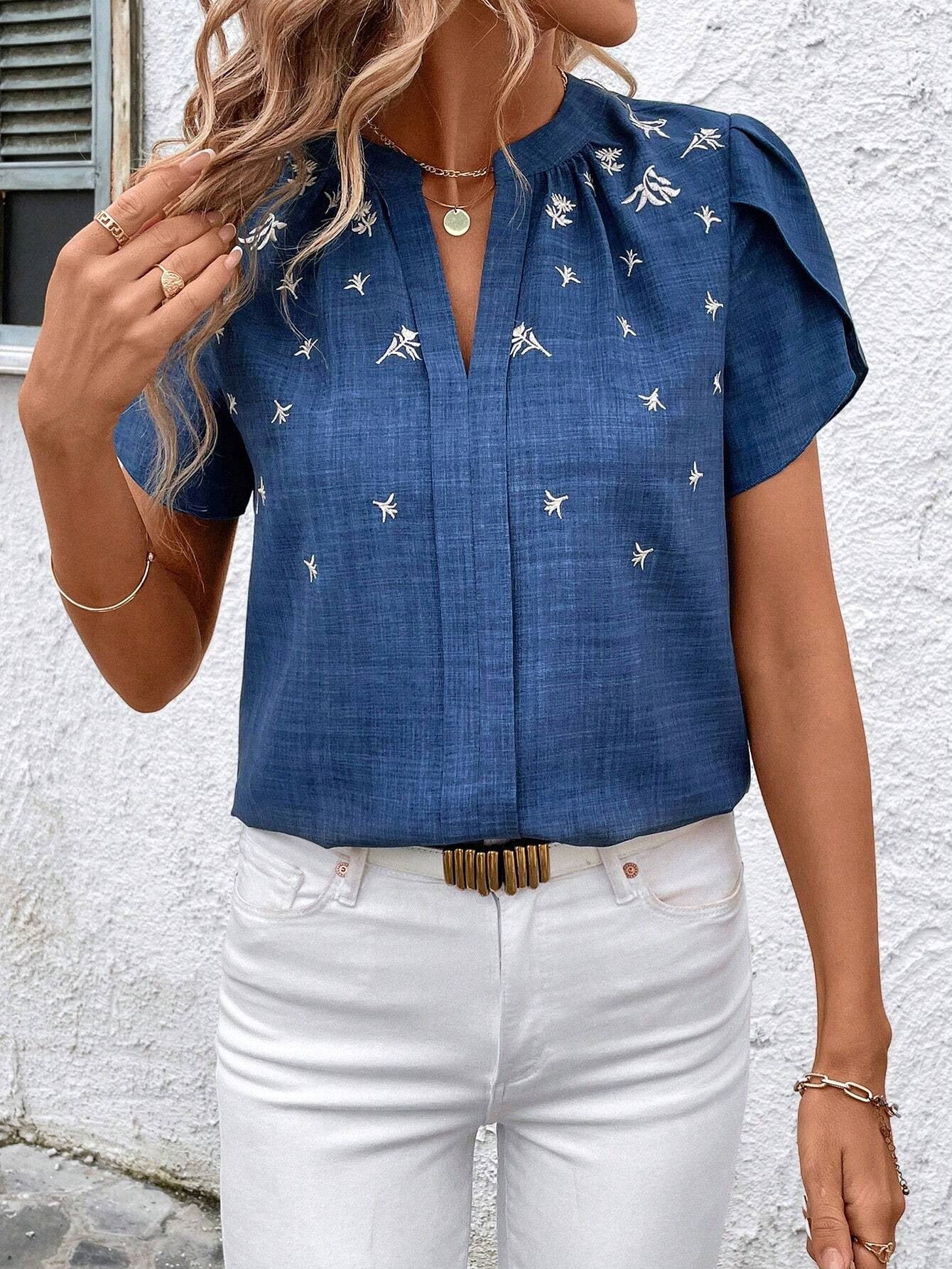 Chic Printed Blouse Greta  Shoulder Pleat Top