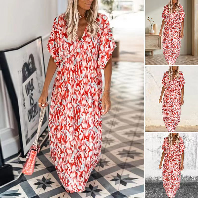 Vibrant Printed V-Neck Maxi Dress by Greta 